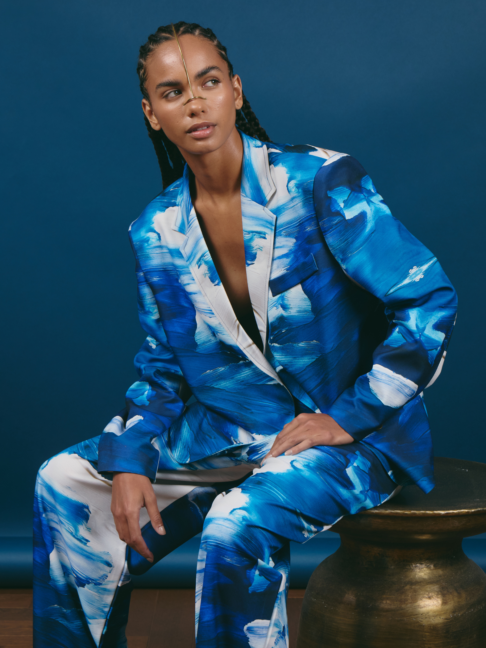 Blazer Oversized 1 Botón - Brochazo Azul con Blanco