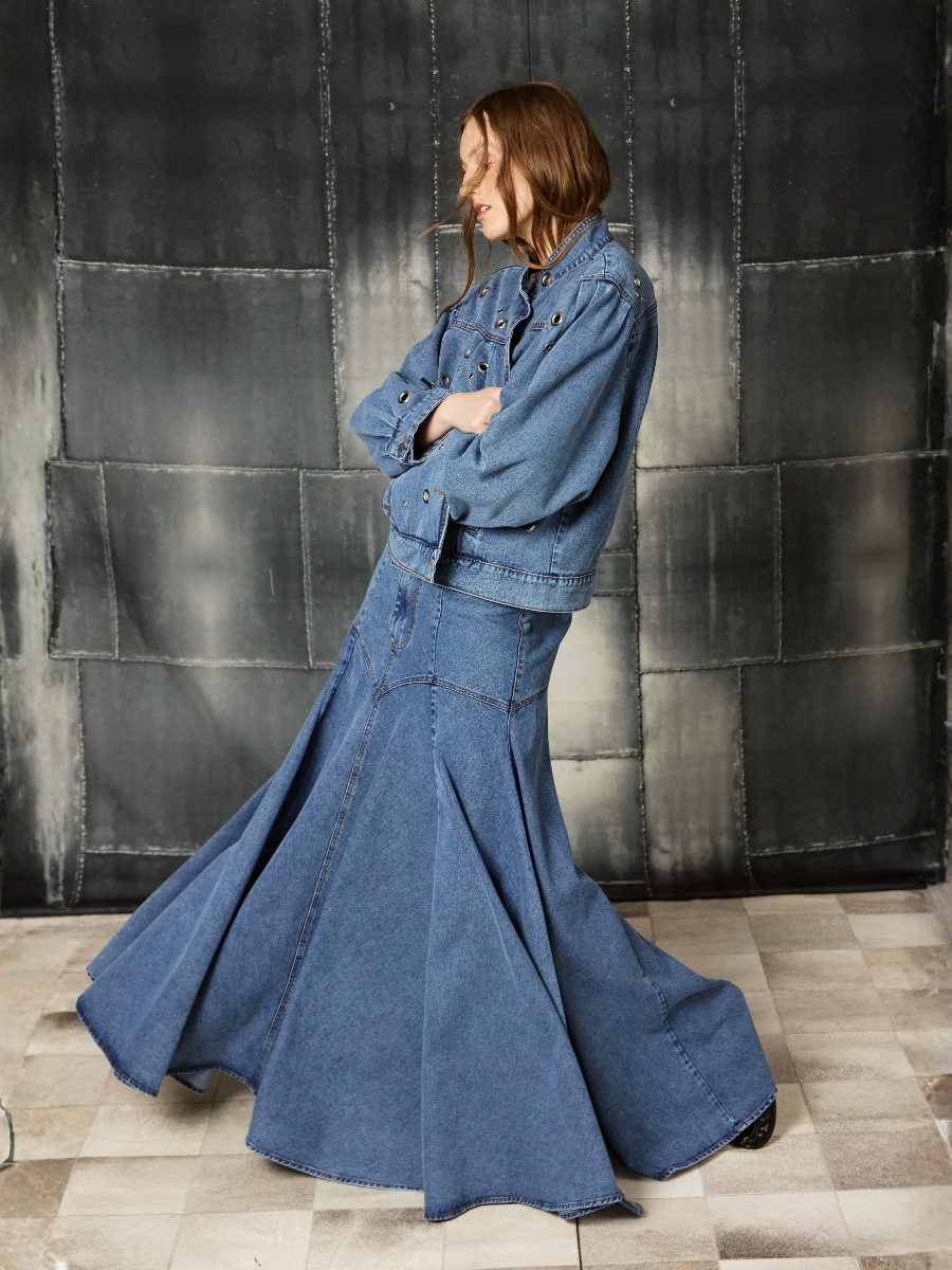 Falda Denim Godet - Azul