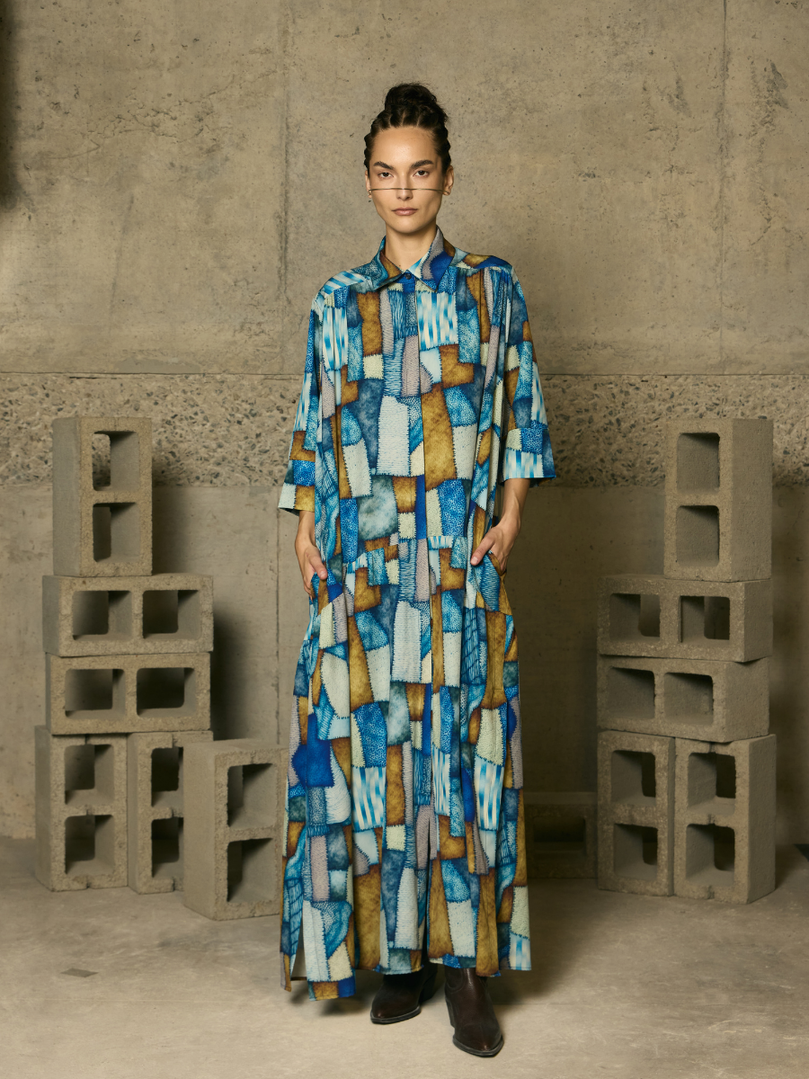 Vestido Fruncido Camisero - Full Color Patchwork